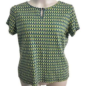Kim Rogers Top.Green and Yellow. Keyhole neck. Size Medium